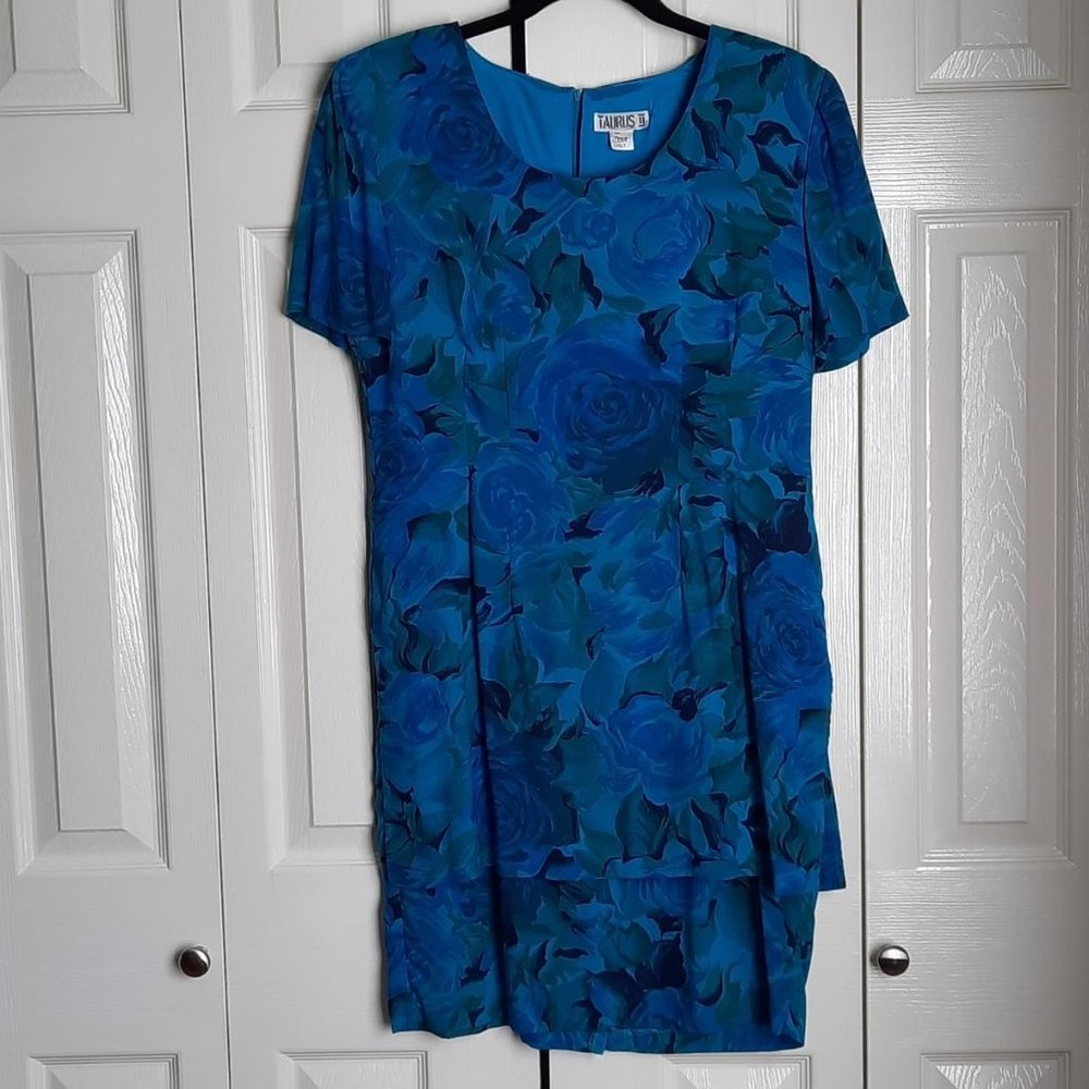 Taurus II Blue and Green Floral Short-Sleeve Sheath Dress Size 8